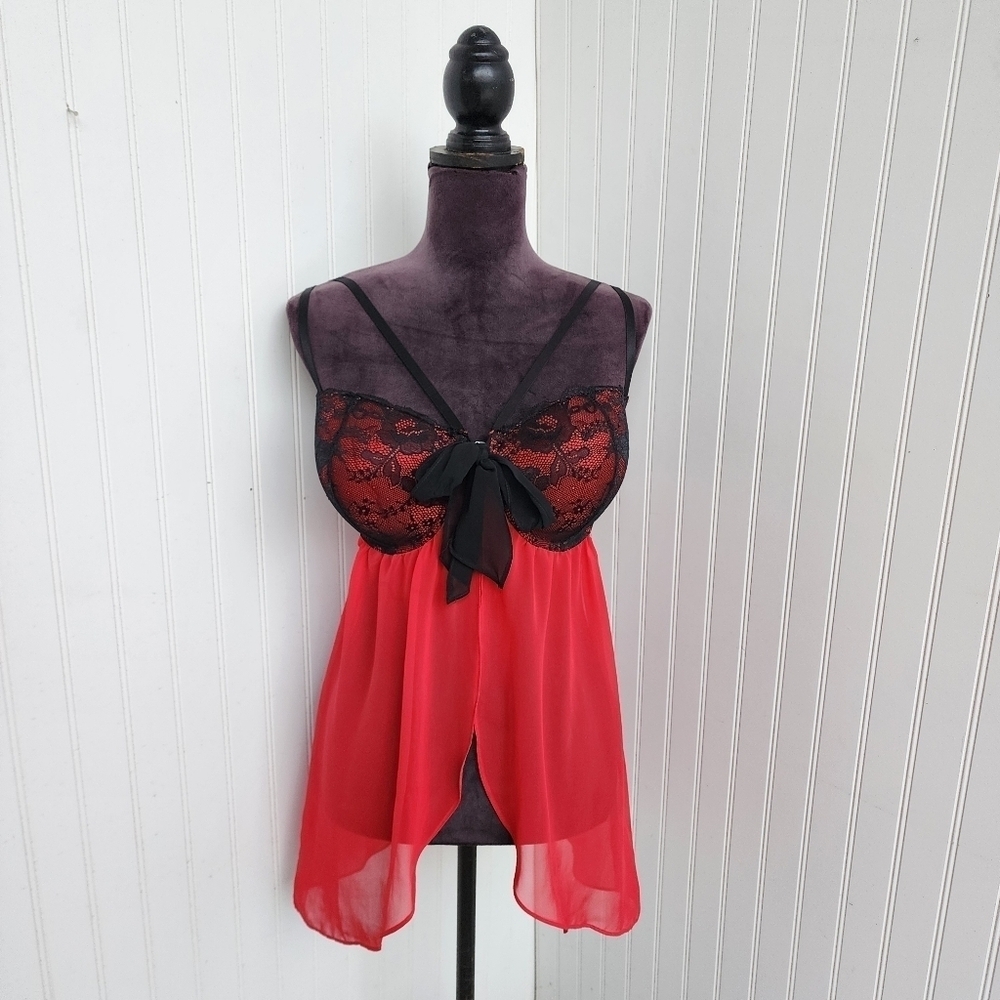 Gilligan OMalley Sheer Babydoll Chemise Nightgown Open Padded Red Lingerie sz L